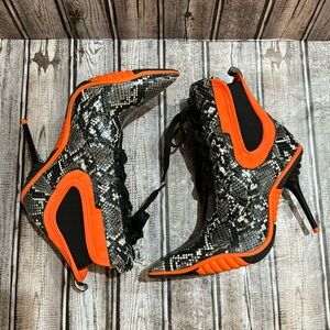 Jeffrey Campbell Faux Snake Skin Neon Orange Neoprene Lace Up High Heel 7.5